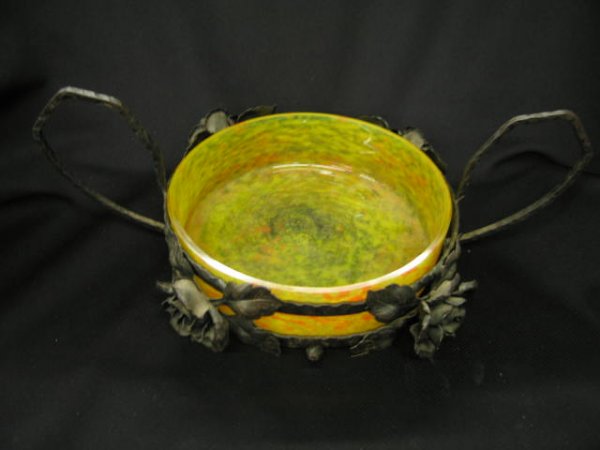 Daum Nancy Art Glass Centerpiece, mottled yellow: mottled yellow & orange bowl in original handwrought iron holder, 8" diameter plus fancy handles, excellent.