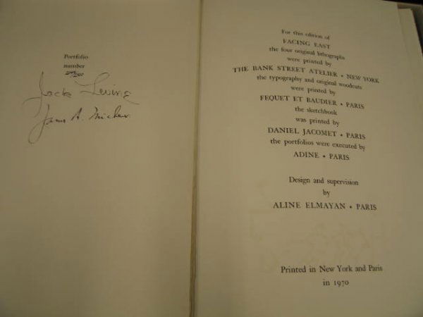 James A. Michener & Jack Levine "Facing East": Deluxe portfolio, #2048 of 2500, 1970, hand color lithographs, outer dust cover soiled, rest excellent.