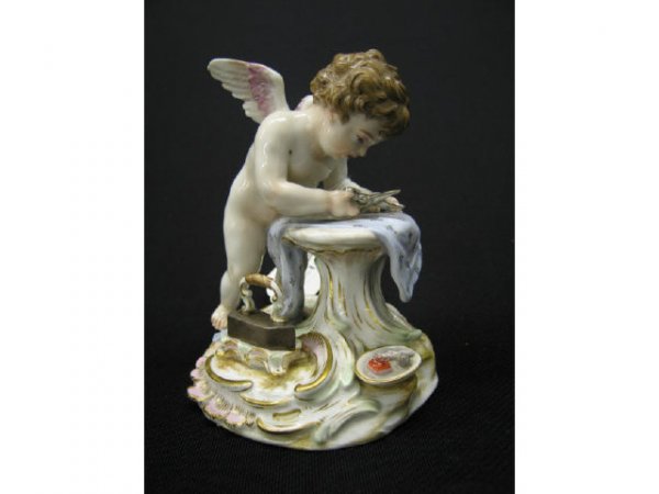 Meissen Porcelain Cherub Figurine, "Labors of Cu: "Labors of Cupid" series, cupid sewing, 4 3/4", crossed swords mark, 19th century, excellent.