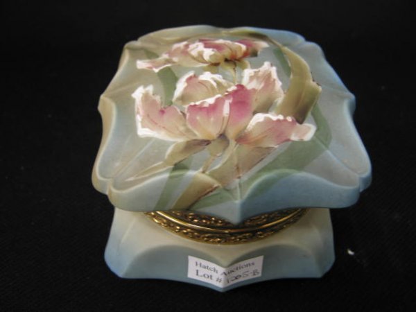 Nakara Victorian Art Glass Dresser Box, floral o: floral on blue, 4 1/2", gorgeous!