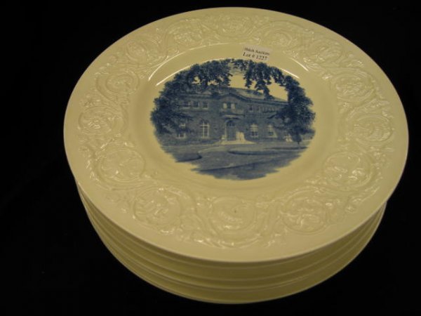 Wedgwood "Smith College" Special Older Plates: Plates, circa 1932, 11 different, blue scenes, white embossed Queensware border, 10 5/8", excellent, very few sets exist.