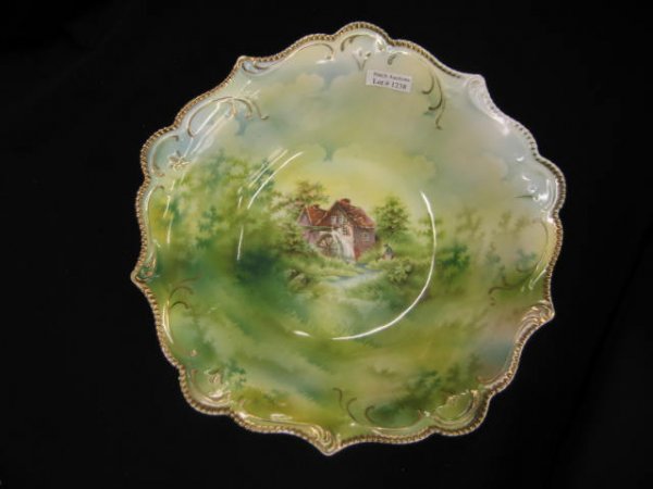 R.S. Prussia Porcelain Mill Scene Bowl, spring ba: spring background, master berry, 10 1/2", excellent.