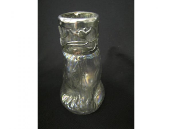 Loetz Art Glass Vase with Art Nouveau metal : metal collar, swirl pinch form, iridescent finish, alligator texture, 6", excellent.