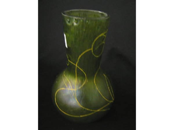 Loetz Art Glass Vase, iridescent green butterfly: iridescent green butterfly wing texture with yellow enameling, 6 1/2", unsigned, excellent.