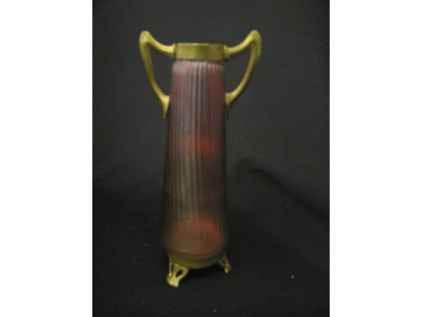 Loetz Art Glass Vase, red iridescent ribbed : red iridescent ribbed body with brass mounts, 7-1/4", unsigned, excellent.