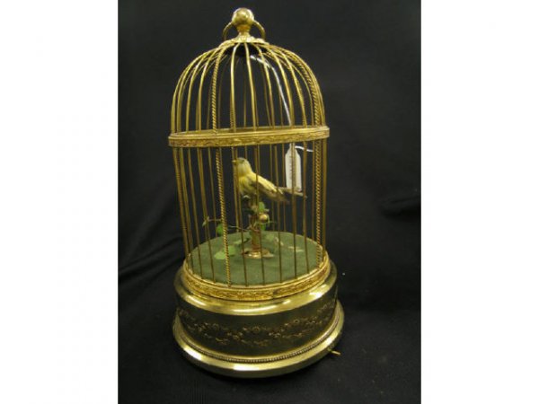 French Mechanical Bird Music Box, feathered frien: feathered friend in cage, 11" tall, working.