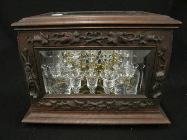 Victorian Carved Black Forest Style Liquor Cabine: Liquor Cabinet with cut crystal decanters & cordials, beveled glass panels, 12" tall, 16" wide, 11" deep, beautiful.
