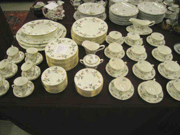 108 pc. Royal Worcester "Blossom Time" China serv: service for 12, with extras & servers, gorgeous floral on ivory, gold trim, appears unused.