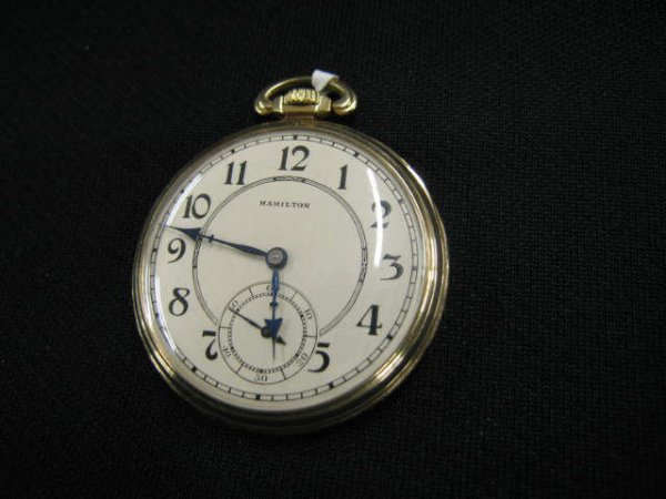 Hamilton Pocketwatch, open face, 17 jewel, gold-f: open face, 17 jewel, gold-filled case, deco era.