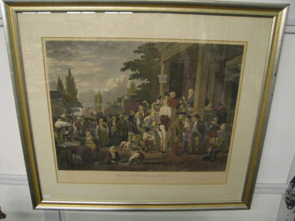 Early Political Handcolored Engraving "The Countr: Country Election", painted by G.G. Bingham, engraved by John Sartain, nicely framed & matted, image area 21" x 25".