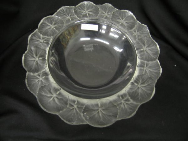Lalique French Crystal Serving Bowl, frosted lea: frosted leaf design, 10 1/2", excellent.