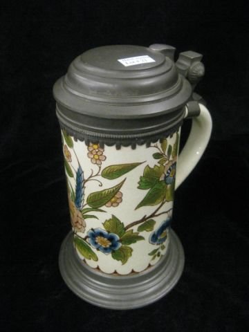 Mettlach Pottery Stein, Faience style, pewter lid,: Faience style, pewter lid, 1 liter, floral, scarcer, 9 1/4", hairlines