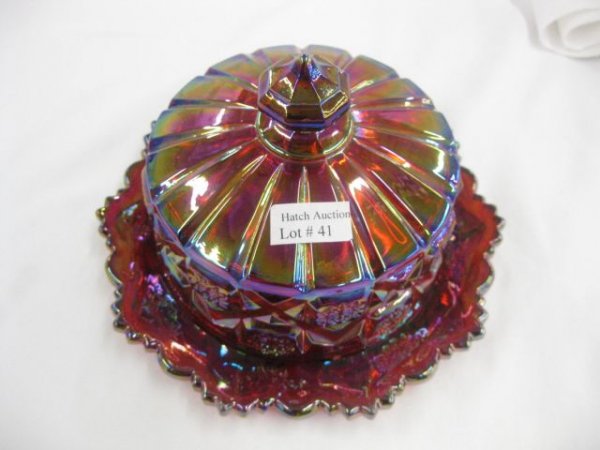 Westmoreland Red Carvival Glass Butter Dish, 7 1/4": 7 1/4" diameter, excellent.