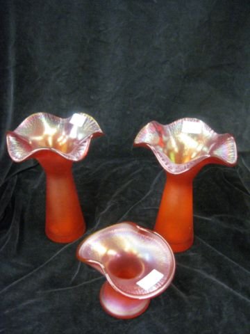 3 pcs. Imperial Art Glass Vases, stretch style : stretch style irridescent red with amberina trim, 4" top hat and pair of 7 1/4", excellent.