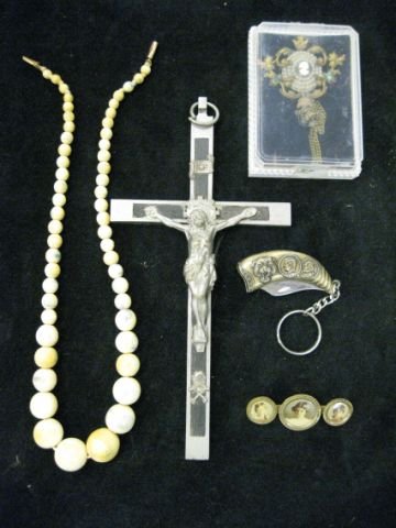 Estate Mixture; crucifix, photo victorian pin, : crucifix, photo Victorian pin, costume brooch, knife & ivory necklace.