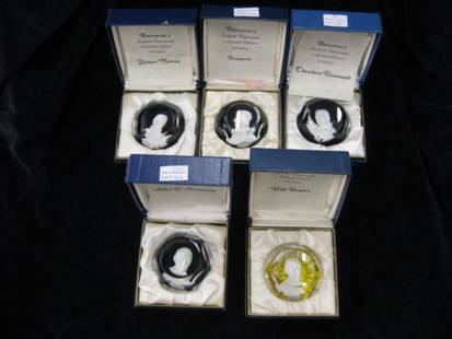 5 Baccarat Sulfide Paperweights;Theodore Roosevelt: Theodore Roosevelt, Will Rogers, Bonapart, James Monroe & Adlai E. Stevenson, all boxed, excellent.