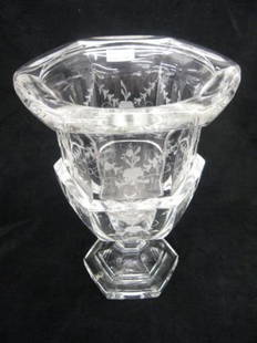 Tiffany Crystal Vase, fine etched florals, signed,: fine etched florals, signed, 10 1/2", excellent.