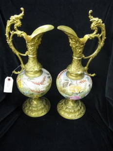 Pair of Victorian Bronze & Tapestry Porcelain: Urns, figural handles, faces on spout, fine dore finish, landscape & floral bodies, 19" tall, excellent, impressive!