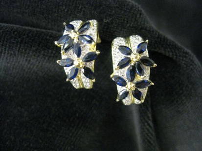 Sapphire & Diamond Earrings, blue gems: rich blue gems forming "flowers", 3 carats of sapphires, & .20 carat of diamonds, 14k yellow gold, pierced clip, with appraisal of $1250.00