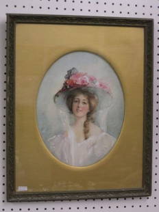 Marion Markham Watercolor, Young Lady in hat, well: Young Lady in hat, well listed American artist, 1875-1918, pupil of William M. Chase, image area, 11" x 14" oval.