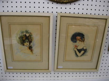 Pair of Victorian Watercolors of Woman in Fancy Ha: Fancy Hats, each signed, 7" x 9".