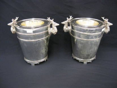 Pair of Silverplate Wine Coolers, elk head & Greek: elk head & Greek key design, with liners, footed 10", excellent.