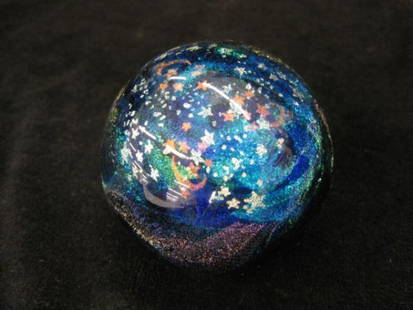 Studio Art Glass Paperweight, metallic moon & star: metallic moon & star decor, signed, & dated 1996, 2 1/2", excellent.