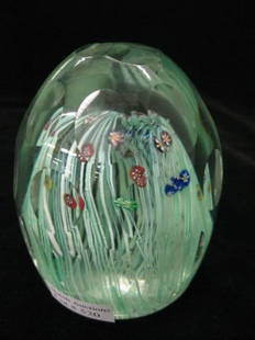 Art Glass Paperweight, fine threaded & cane floral: fine threaded & cane floral, thumbprint cut, 3 1/2", excellent.