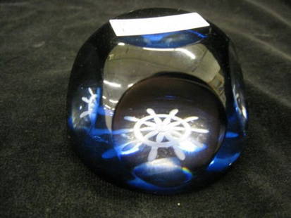 French Art Glass Paperweight, rich blue with cut c: rich blue with cut coin spot decor shipwheel cut in base, 3" diameter, unsigned, excellent.