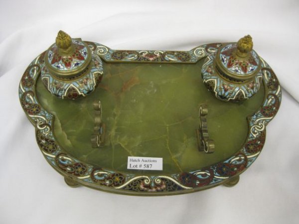 French Champleve & Onyx Inkstand, double well, pen: double well, pen rest, footed, circa 1880, 7" x 10".