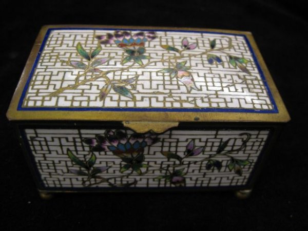 French Champleve Stamp Box, floral on white, foote: floral on white, footed, 2 1/4" x 3 3/4", excellent.