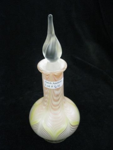 Vandermark Art Glass Perfume Bottle or Cologne bot: bottle, irridescent pulled feather decor, 8", signed, excellent.