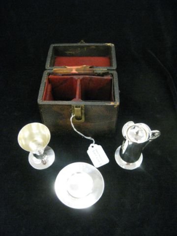 Victorian Sterling Silver Travel Communion Set, b: by Gorham, pitcher, wine glass & host tray in original leather box.