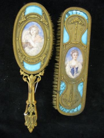 French Victorian Bronze Dresser Brushes with fine : with fine handpainted miniatures on ivory of young ladies, artist signed.