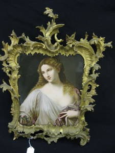 649: Large K.P.M. Porcelain Plaque of Lady carved frame