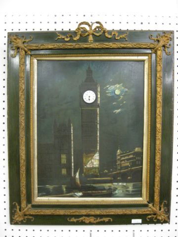 Victorian Artwork with Clock, Big Ben, oil on boar: Big Ben, oil on board with mother-of-pearl inlay, image area 15" x 19".
