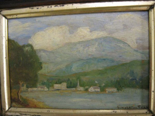 Victorian Miniature Landscape on Board, signed Sin: signed Singleton, village by a lake, mountains in distance, 6 1/2" x 4", image area, in walnut frame.