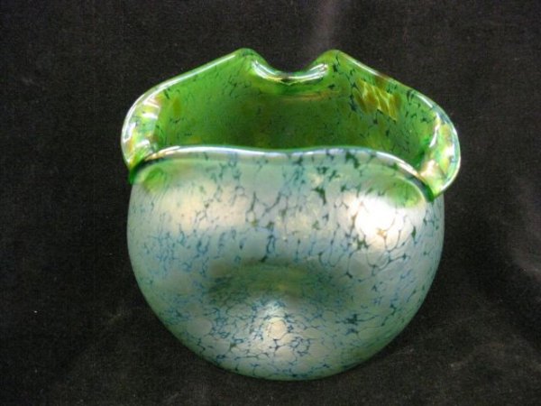 Loetz Art Glass Vase, pinch tri-fold with mottled : pinch tri-fold with mottled irridescent on green, 5", excellent.