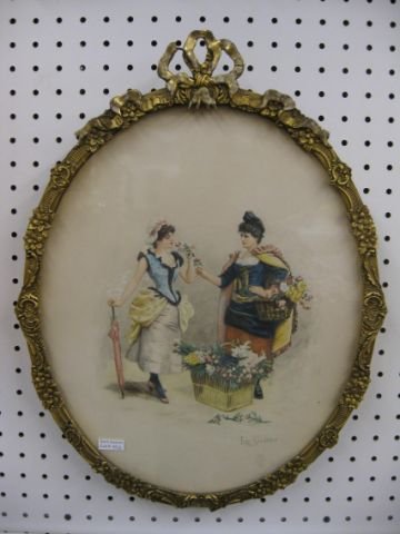 Leon Girardet Watercolor "Flower Seller", oval, ap: oval, approx. 13" x 12", in ornate gilt frame, listed artist.