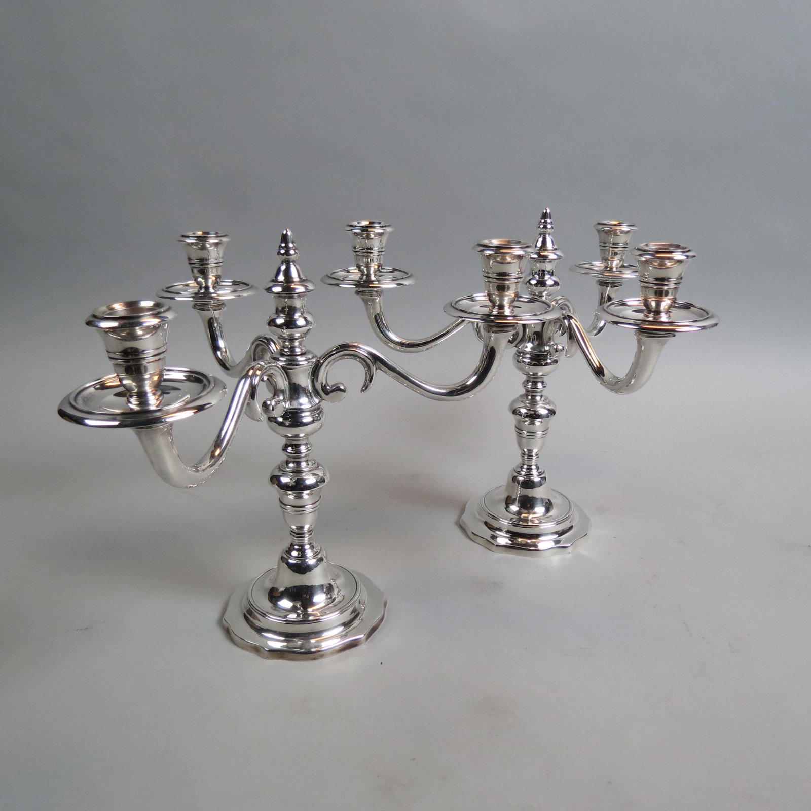 Pair of Chrystalia French Silverplate Candelabra,: triple sconces, 9" tall, 10 1/2" across, signed, excellent.