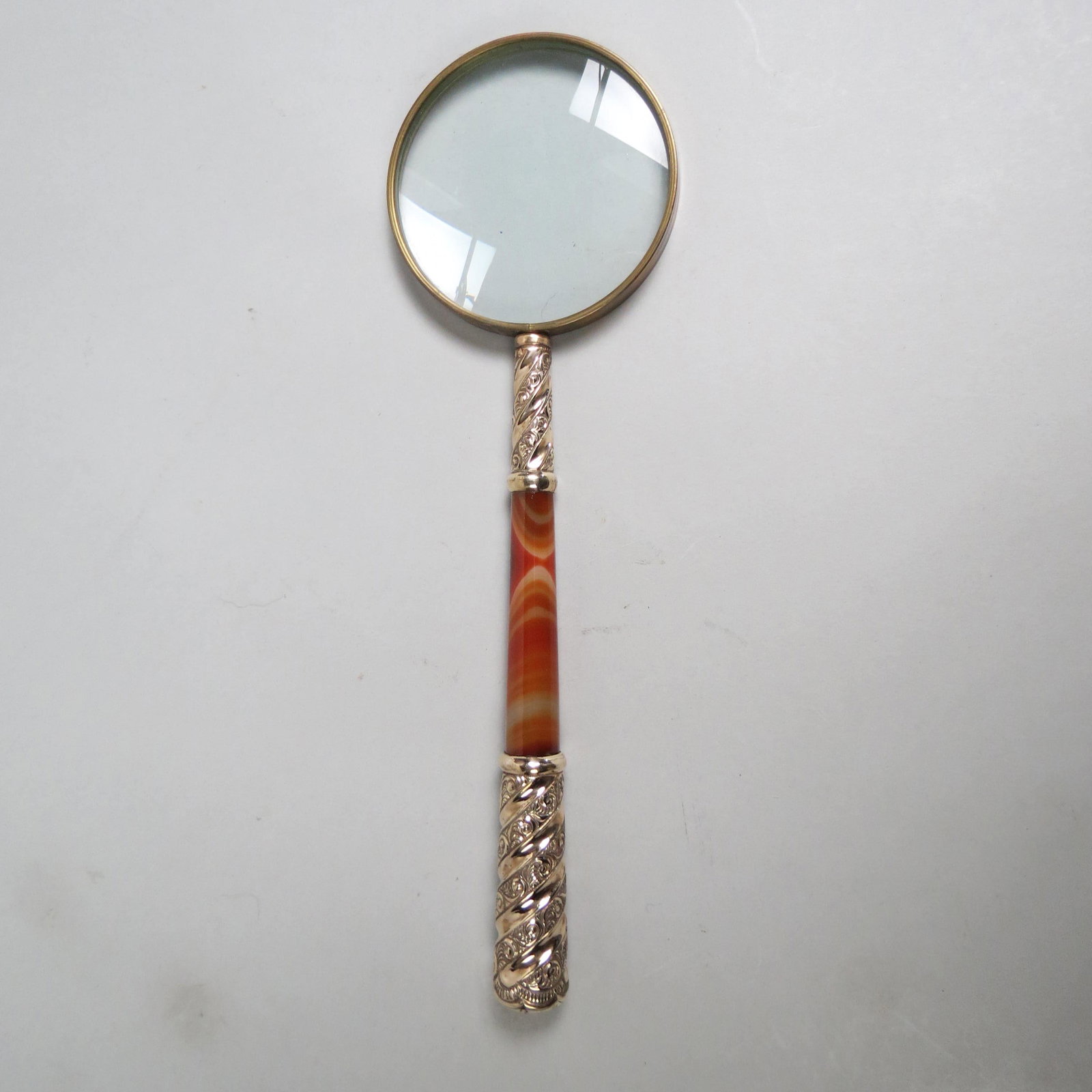 Gold-Filled & Agate Magnifying Glass,: 12" long, 3 1/2" glass.