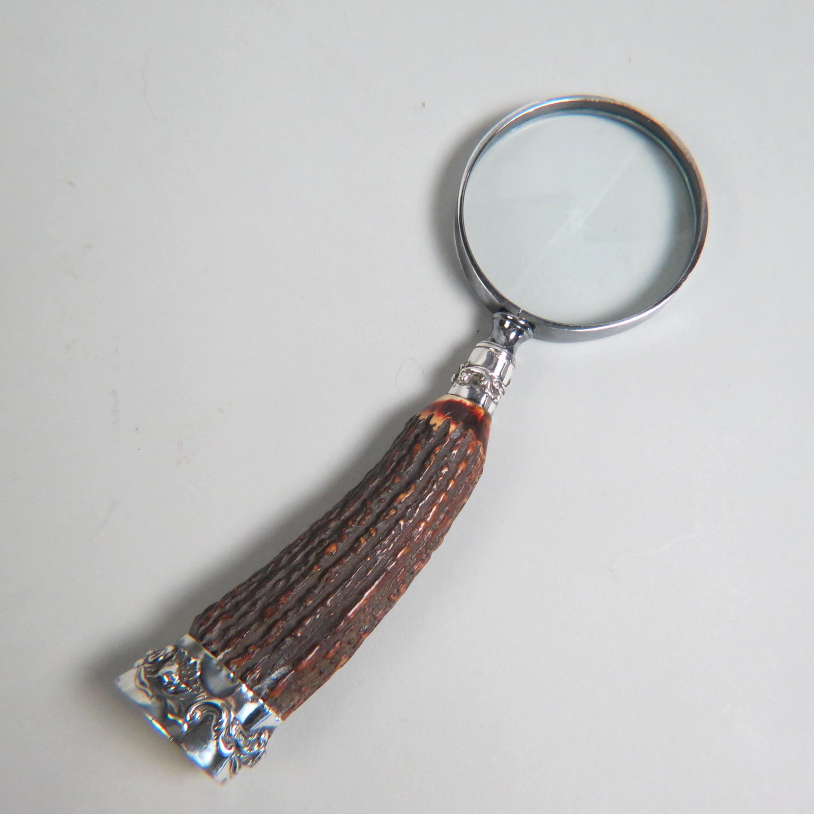 Sterling & Antler Handled Magnifying Glass,: 10 1/2" long, 3 1/2" diameter glass.