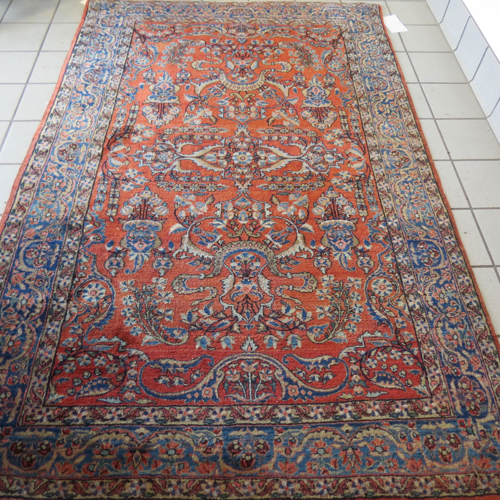 Antique Sarouk Type Persian Handmade Rug,: flowering vine on salmon field, fancy borders, 4'2" X 6'6".