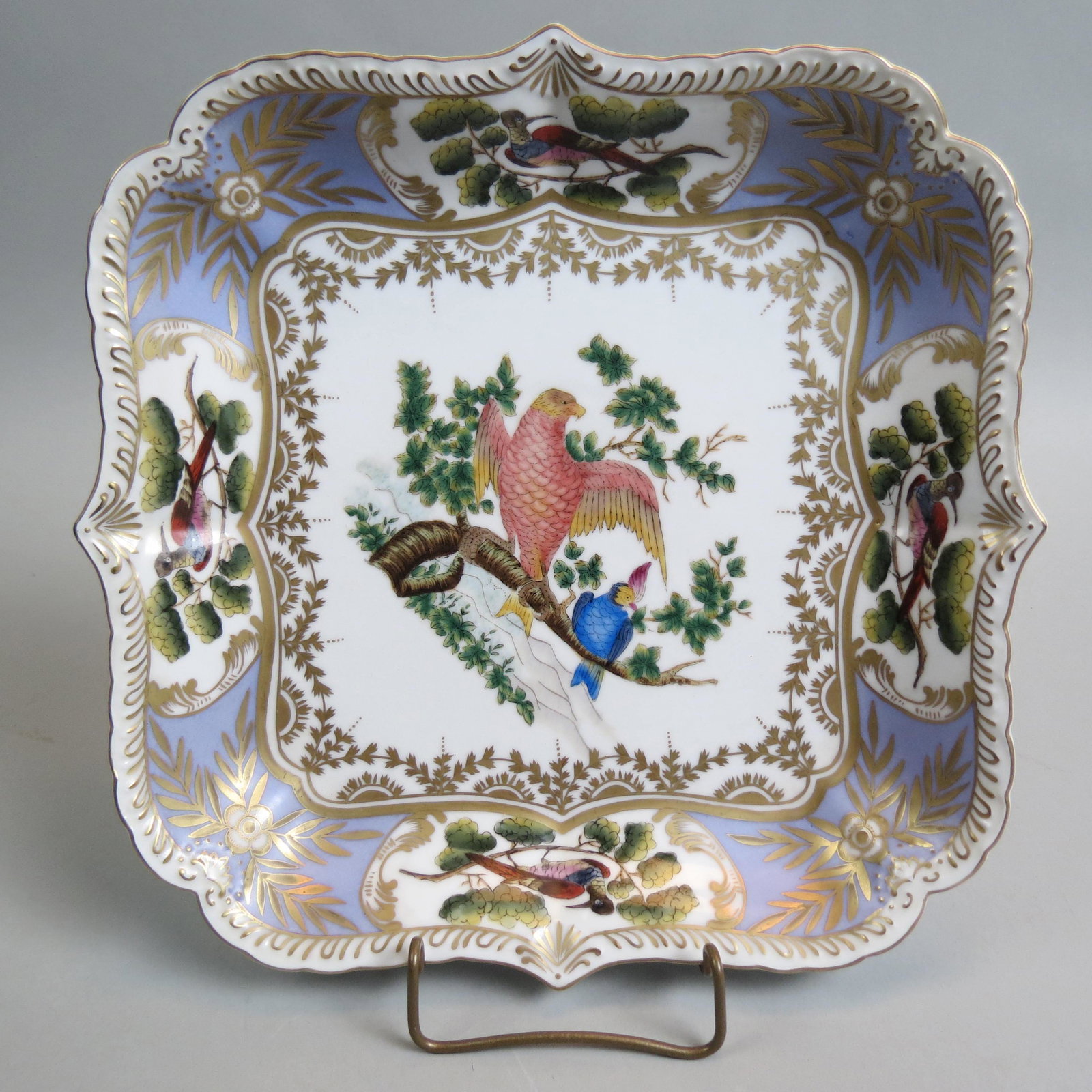 Fine Porcelain Serving Dish Bird & Floral,: gold trim, crossed swords mark, 11" square, excellent.