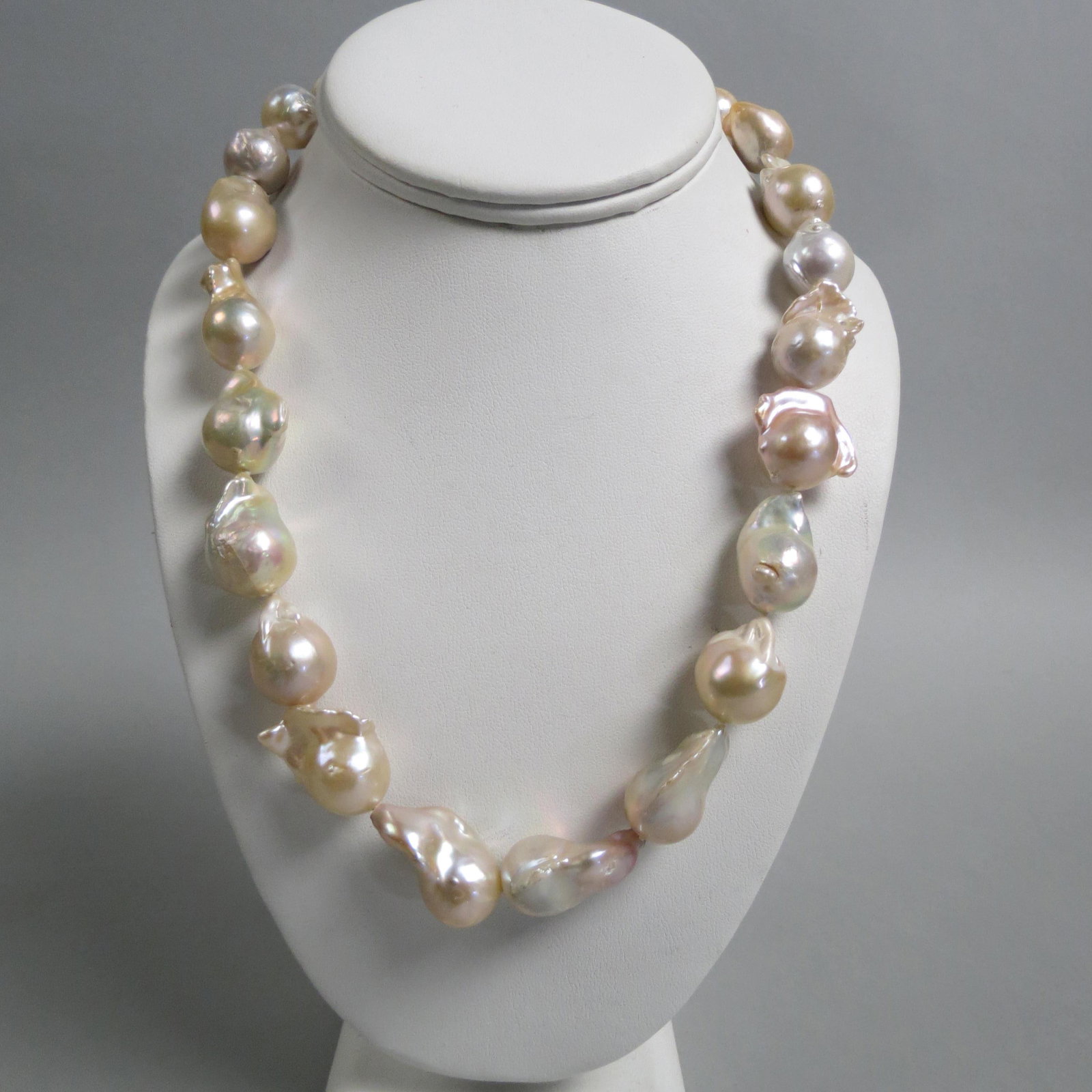 Pearl Necklace w Large Baroque Pearls,: 23 pearls with gold, pink and silver gray hues, approx 12 x 14mm, sterling clasps, up to 22" long.