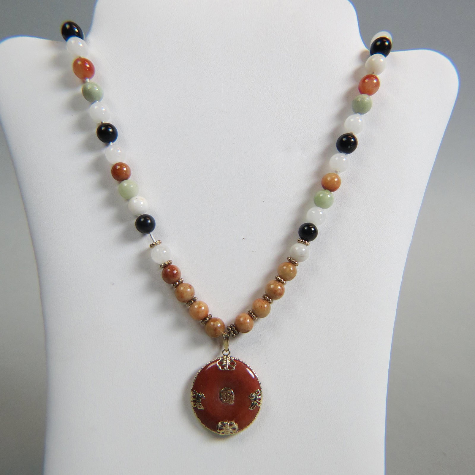 Chinese Jade & 14K Gold Necklace,: multi-color jade beads, 20" long plus red jade and 14K gold pendant (1" diameter), 14K clasp.