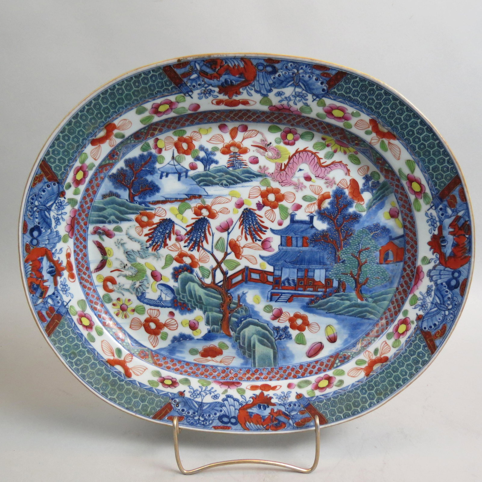 Chinese Lowestoft Porcelain Clobbered Platter,: made around 1770 for the Dutch market, this platter was exhibited in 1940 at an exhibition named "Treasures of Rhode Island", at Providence School of Design, 14" X 16 1/2", excellent..................