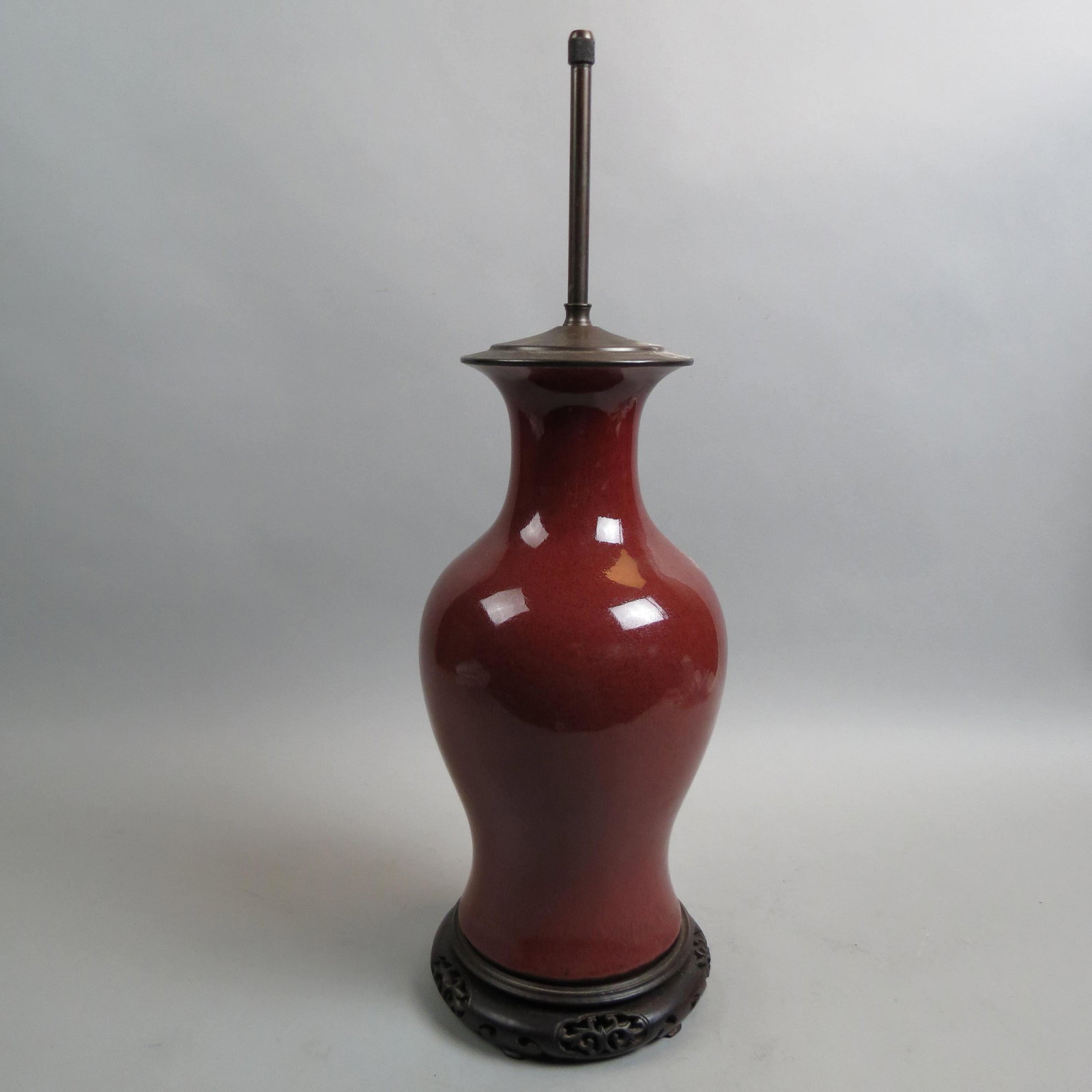 Chinese Sang de Boeuf Porcelain Lamp,: balaster shape, 15" body, needs wiring otherwise excellent.......Definition of sang de boeuf1: an opaque claret red to brownish red reduced copper glaze developed in China during the Kʽang Hsi pe