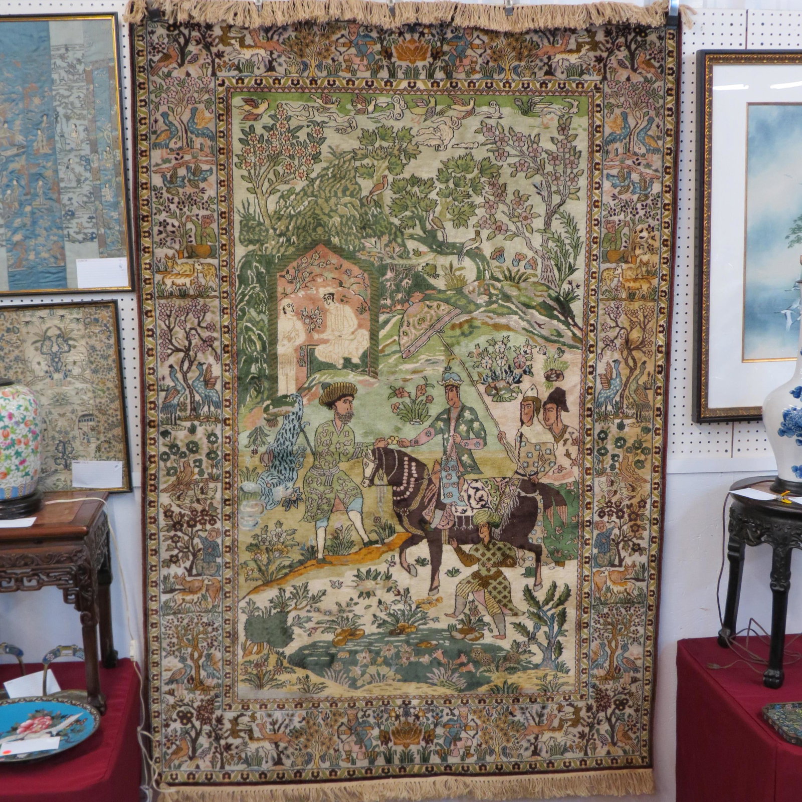 Silk Handmade Persian Scenic Rug,: royality and attendants with birds, animals, and figures in border, 4'8" X 8'10" (plus fringe), a beauty!