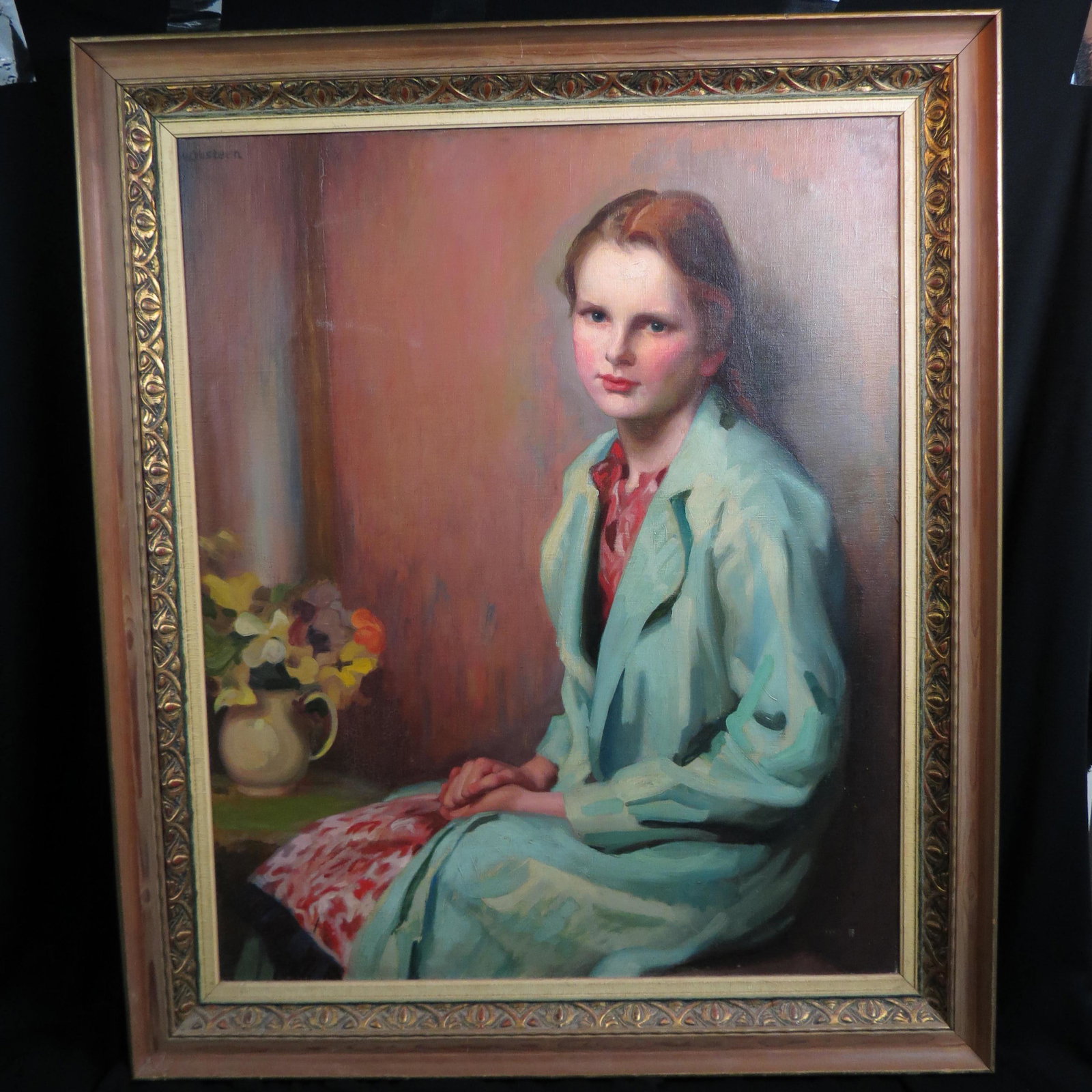 Fine Oil Painting of Young Woman,: pensive look, pitcher of flowers to her right, on canvas, image area 34" X 28", signed.